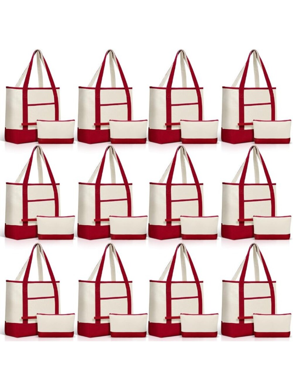 24 Reusable Canvas Tote Bags with Outer Pocket & Makeup Pouch - Bulk Set for